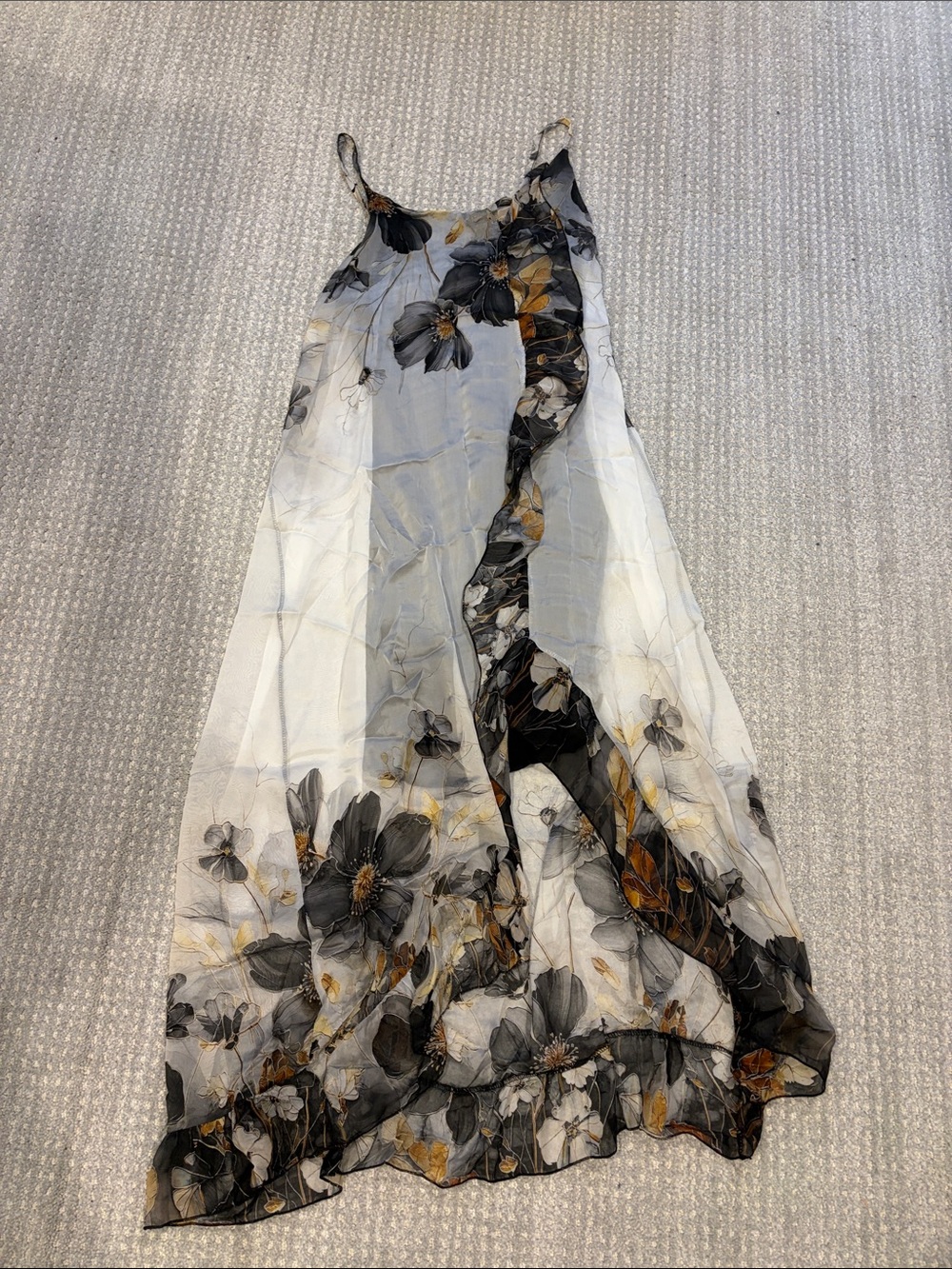 Floral Spaghetti-Strap Maxi Dress in White, Black & Tan